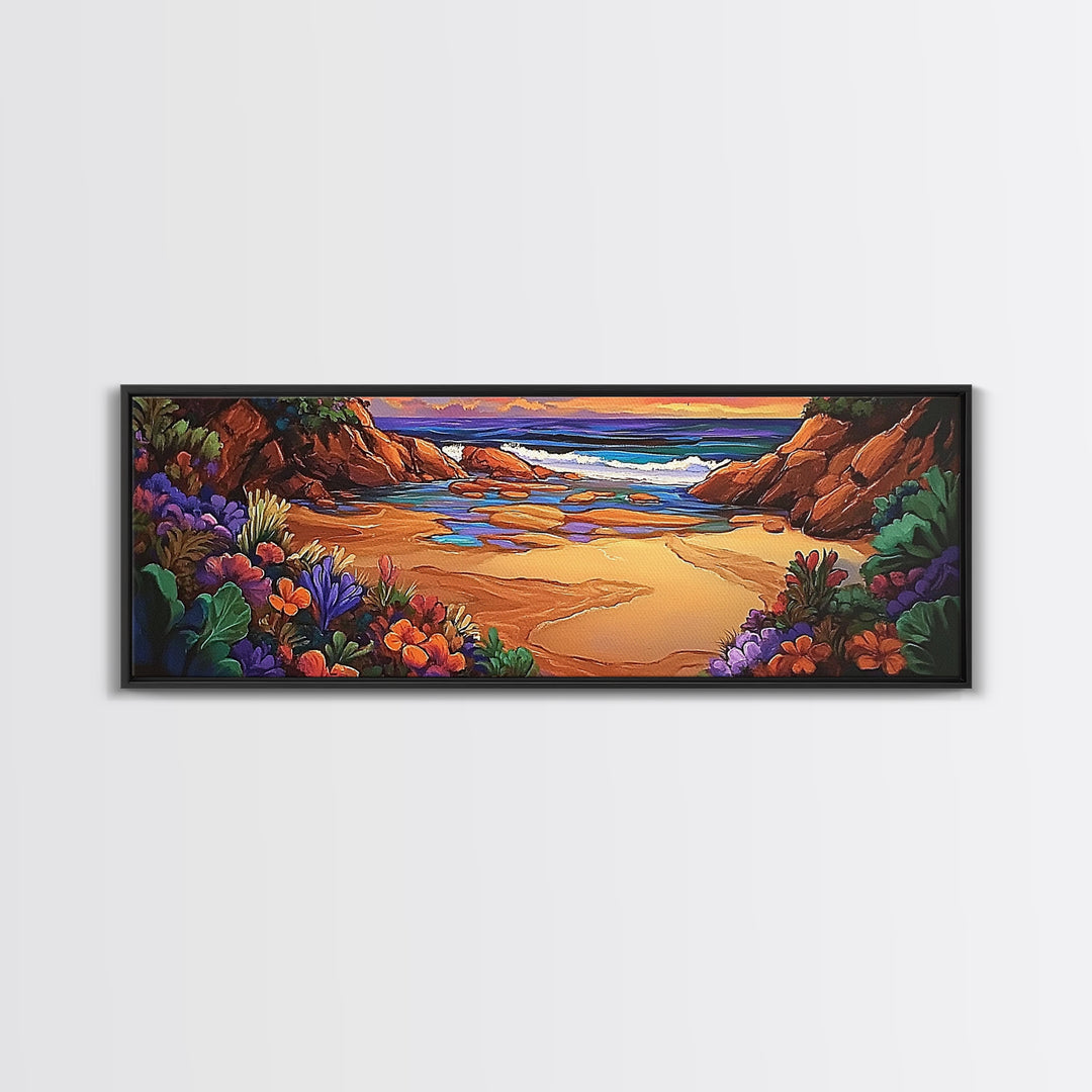 Rocky Beach Cove, Tropical Floral Ocean Art, Sunset Coastline View, Framed Canvas Print, Bathroom Wall Art, Nature Inspired Style