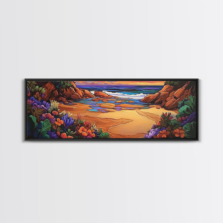 Rocky Beach Cove, Tropical Floral Ocean Art, Sunset Coastline View, Framed Canvas Print, Bathroom Wall Art, Nature Inspired Style