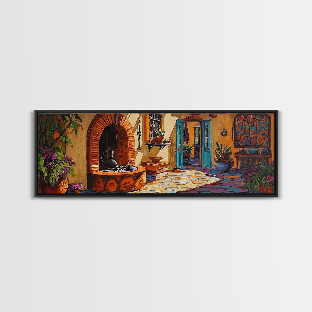 Cozy Kitchen Decor, Rustic Courtyard Art, Adobe Style, Mexican Home Wall Decor, Framed Canvas Print, Southwest Kitchen Wall Art