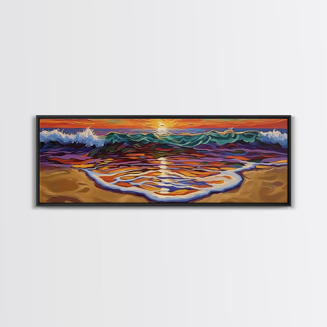 Ocean Sunset Glow, Colorful Wave Reflection, Coastal Abstract, Framed Canvas Print, Beach House Wall Art, Modern Seascape Painting