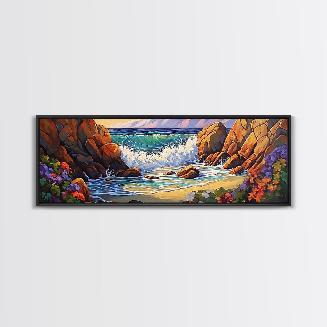 Rocky Shore Break, Ocean Cliff Scene, Seaside Escape, Framed Canvas Print, Coastal Bathroom Wall Art, Nautical Beach Decor