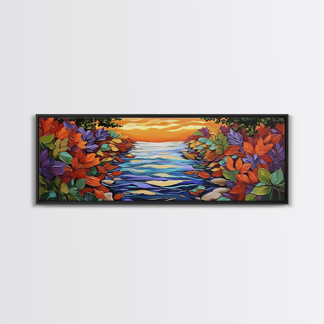 Autumn River Glow, Fall Leaf Reflections, Vibrant Nature Scene, Framed Canvas Print, Rustic Wall Art, Entryway or Dining Room Decor