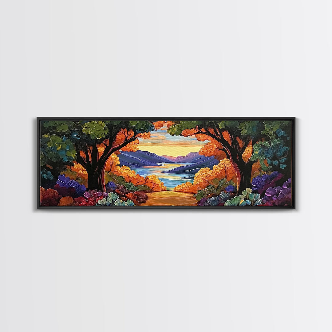 Autumn Lake View, Forest Path, Mountain Vibe, Framed Canvas Print, Fall Wall Art, Boho Landscape, Cozy Living Room Decor