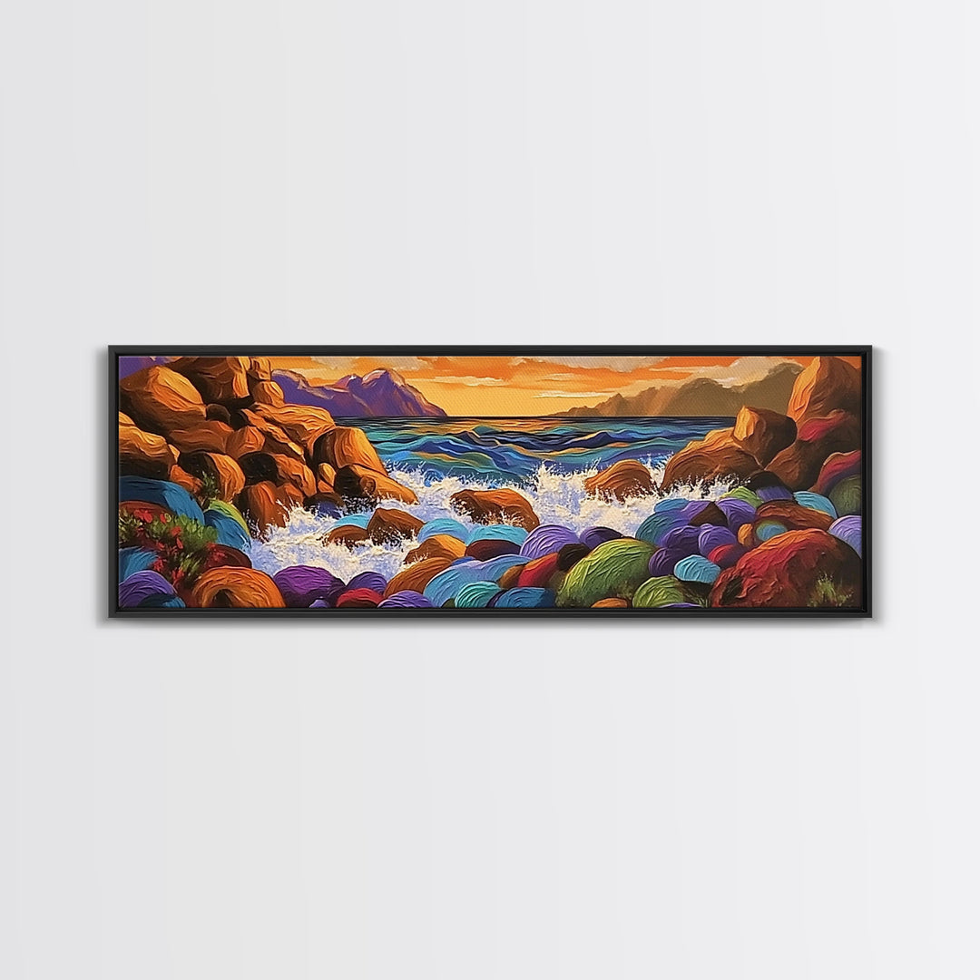 Rocky Coastline, Sunset Splash, Rainbow Stones, Framed Canvas Print, Bathroom Wall Art, Modern Seaside Art, Bold Landscape Vibes
