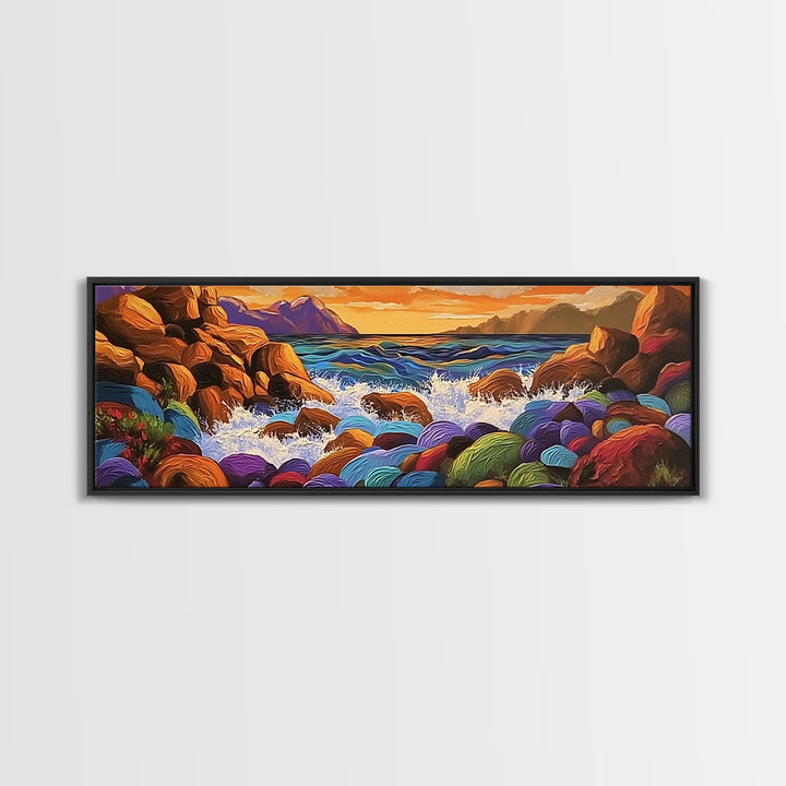 Rocky Coastline, Sunset Splash, Rainbow Stones, Framed Canvas Print, Bathroom Wall Art, Modern Seaside Art, Bold Landscape Vibes