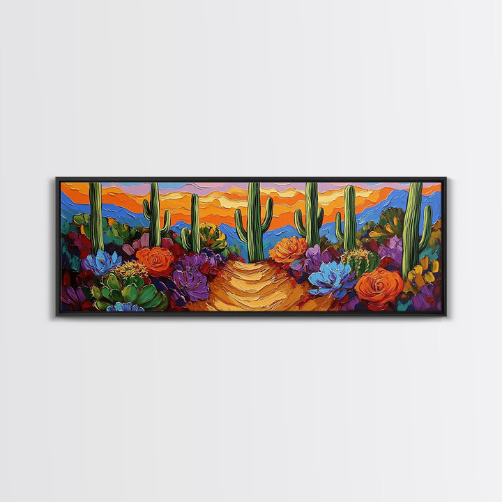 Cactus Garden Sunset, Desert Wall Art, Succulent Landscape, Framed Canvas Print, Boho Living Room Decor, Vibrant Western Style
