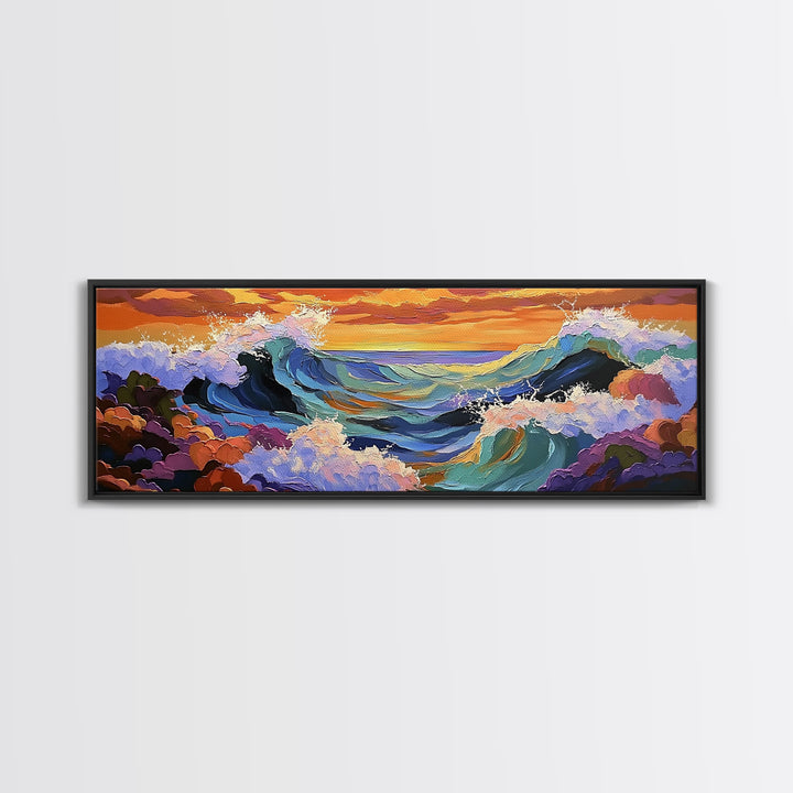 Breaking Waves Seascape, Ocean Wall Art, Sunset Coastal View, Framed Canvas Print, Nautical Living Room Decor, Beach Style