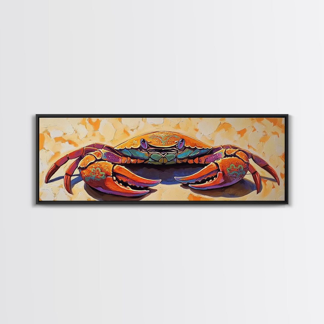 Coastal Crab Art, Beach House Decor, Nautical Vibes, Vibrant Colors Framed Canvas Print, Coastal Kitchen Wall Art, Bold Animal Painting