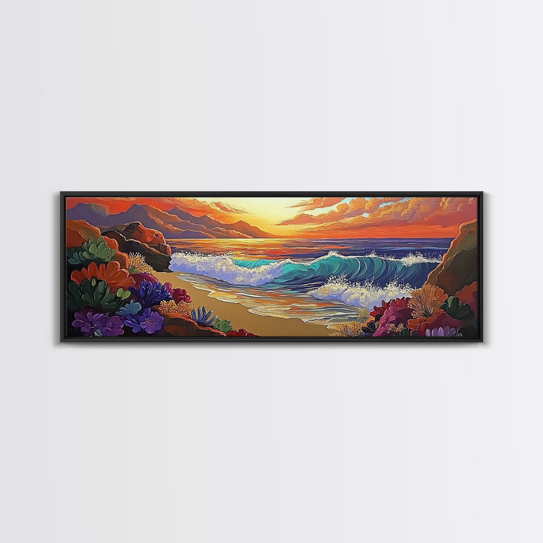 Coastal Sunset, Ocean Waves, Tropical Flowers, Vibrant Seascape, Framed Canvas Print beach wall decor, boho art, living room wall art