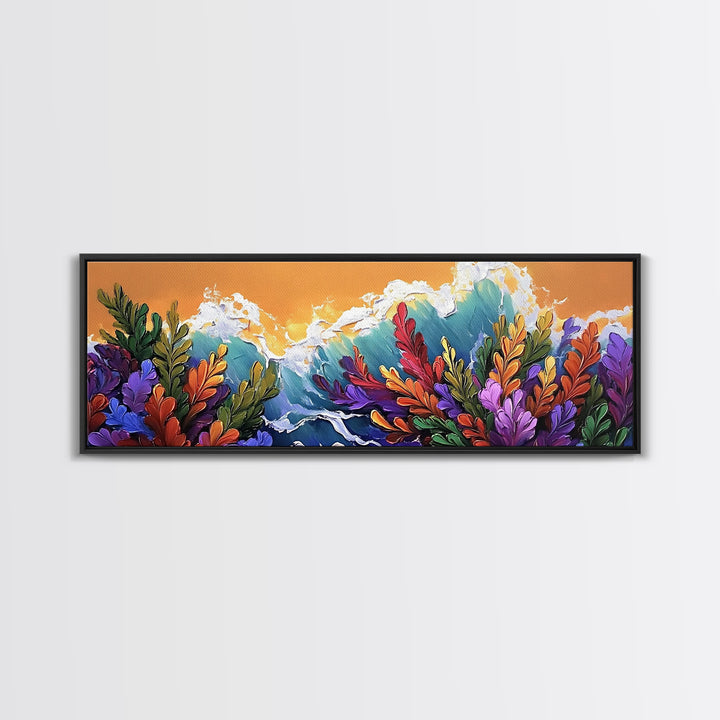 Ocean Blooms, Sunset Waves, Colorful Florals, Seaside Garden, Framed Canvas Print tropical living room wall art, coastal print