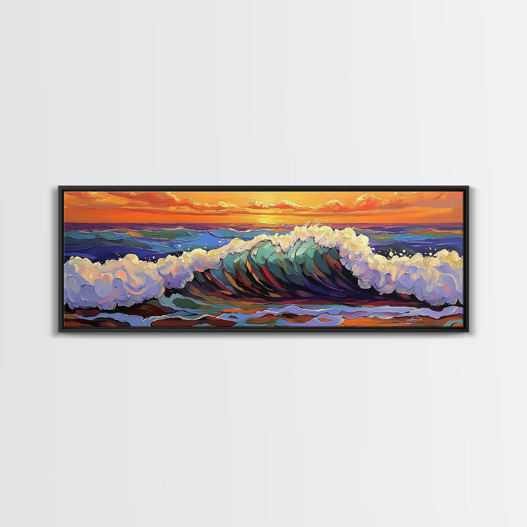 Breaking Wave Art, Sunset Ocean Surf, Bold Seaside Motion, Vibrant Coastal Palette, Framed Canvas Print, Bathroom Beach Decor