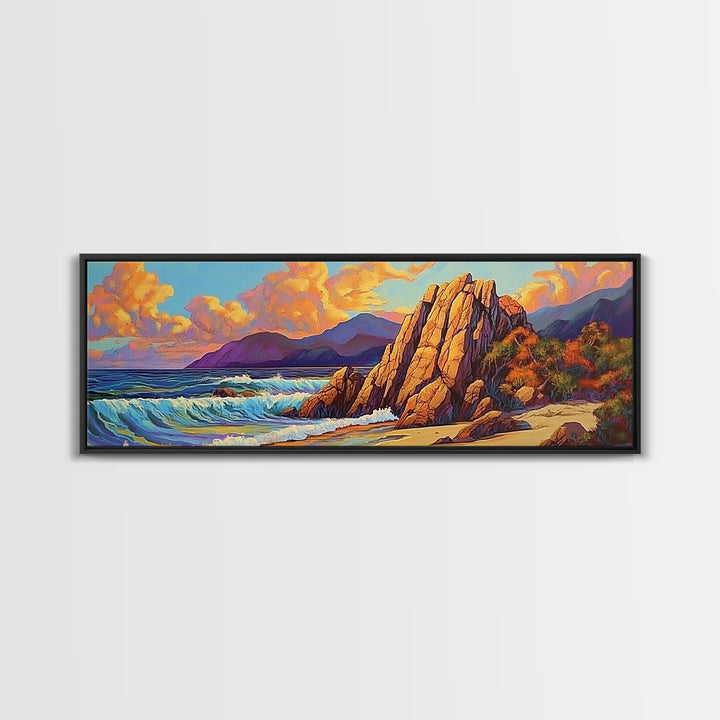 Coastal Rocks, Ocean Cliffs, Sunset Clouds, Canvas Print, Bold Seascape Wall Art, Living Room Fall Decor, Nature Inspired Aesthetic