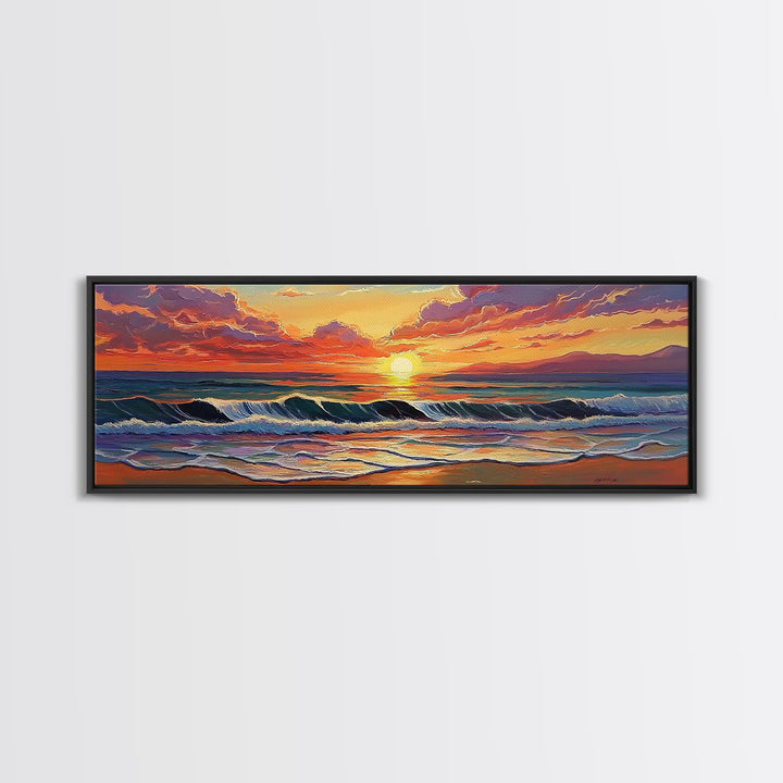 Crashing Sunset Waves, Ocean Horizon Art, Coastal Abstract Painting, Framed Canvas Print, Colorful Living Room Wall Art, Beach Vibes