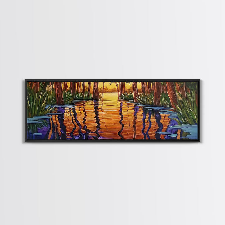 Sunset Reflection, Tranquil Forest, Swamp Scene, Cypress Trees, Framed Canvas Print, Autumn Wall Art, Rustic Decor, Nature Art