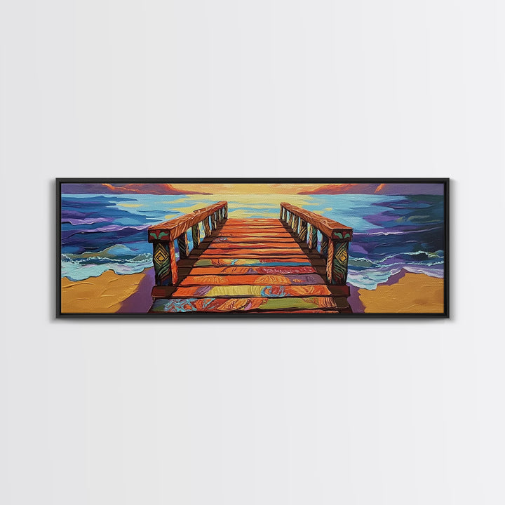 Colorful Pier, Sunset View, Ocean Dock, Serene Shoreline, Framed Canvas Print, Beach House Wall Art, Coastal Landscape Painting