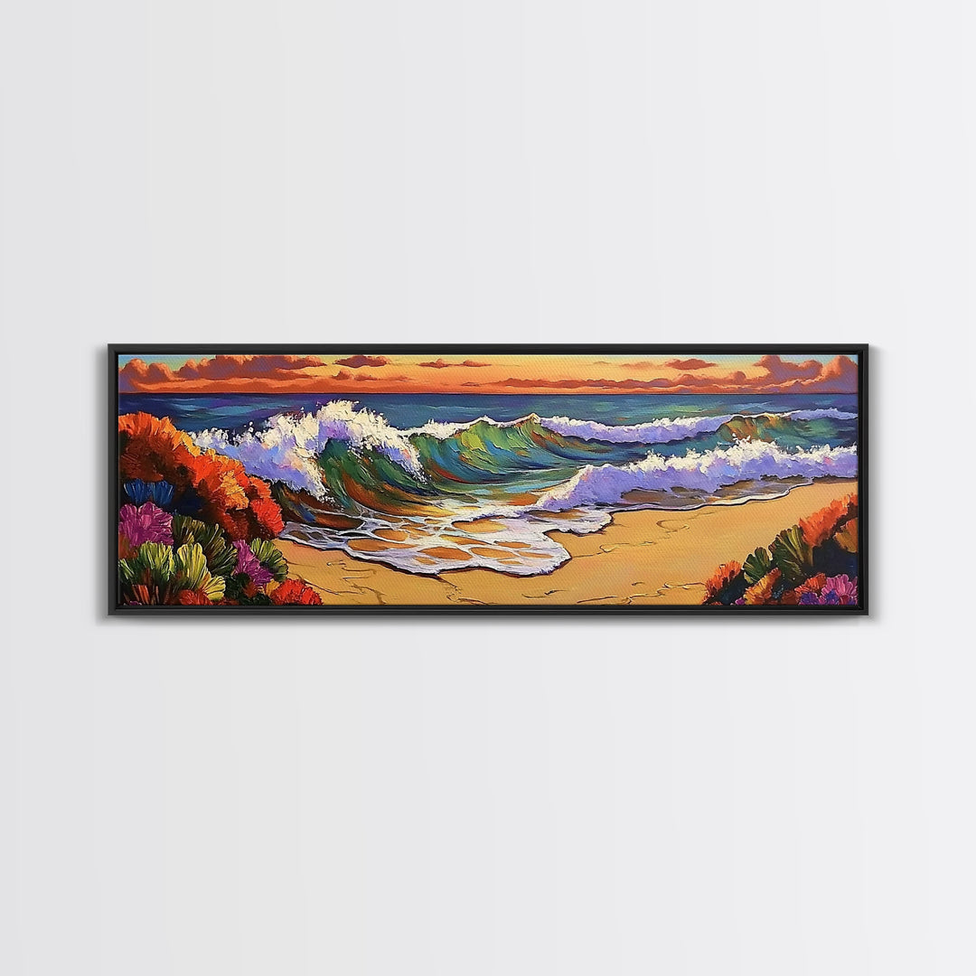 Ocean Curl, Autumn Surf, Sunset Beach, Floral Waves, Framed Canvas Print, Living Room Wall Art, Fall Coastal Painting, Bold Decor