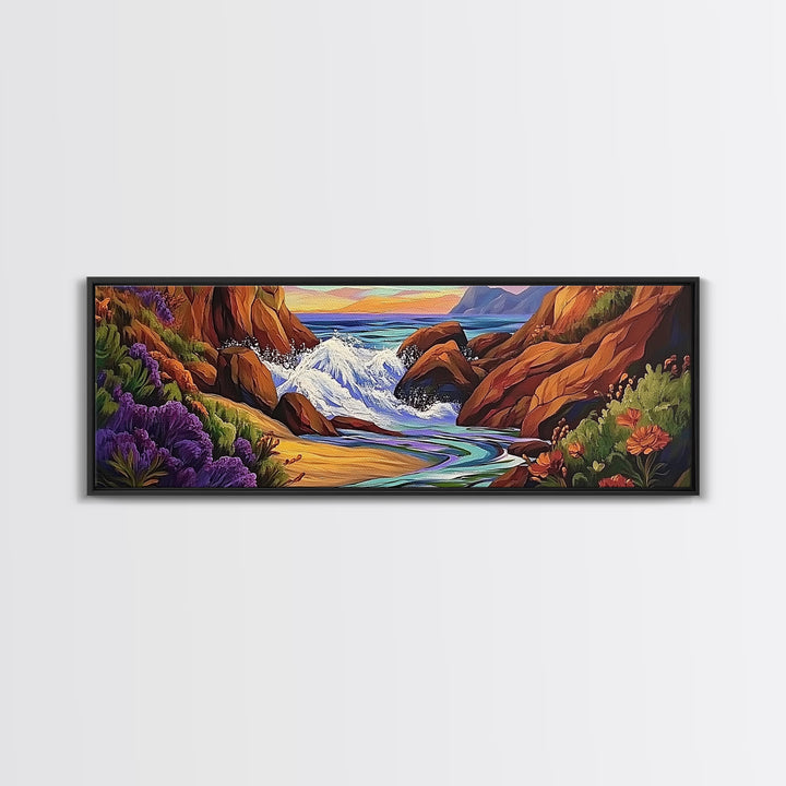 Rocky Shore, Ocean Splash, Sunset Cove, Botanical Scene, Framed Canvas Print, vibrant coastal wall art, beach bathroom decor, ocean vibe