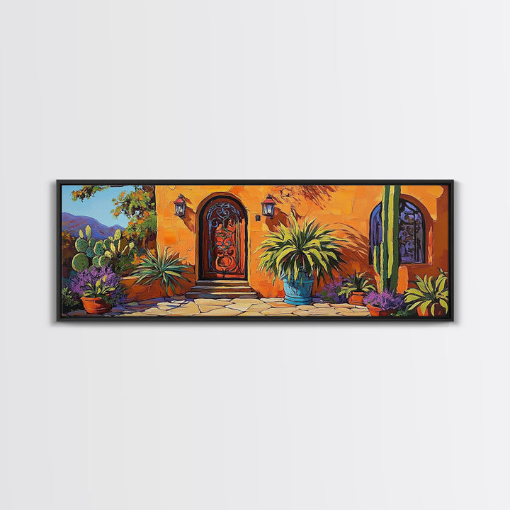 Desert Doorway, Cactus House, Warm Entryway, Framed Canvas Print, Southwest Wall Art, Rustic Kitchen Decor, Boho Style Exterior Scene