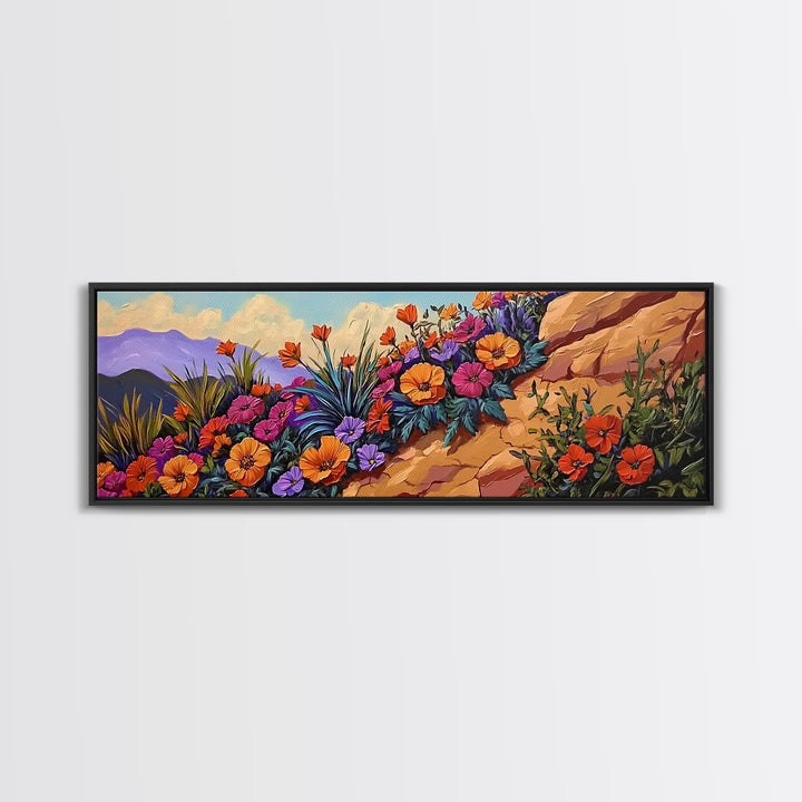 Coastal Flowers, Sunset Hillside, Wildflower Art, Framed Canvas Print, Vibrant Landscape Wall Decor, Living Room Boho Wall Art