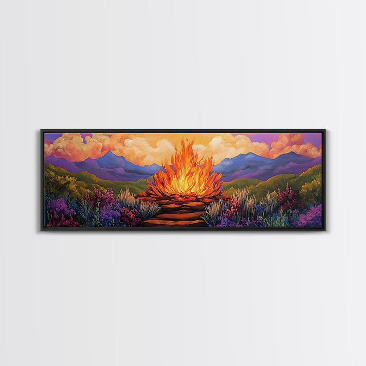 Dramatic Bonfire Night, Vibrant Flame in Hills, Scenic Nature Wall Art, Framed Canvas Print, Fall Lodge Decor, Rustic Landscape Artwork