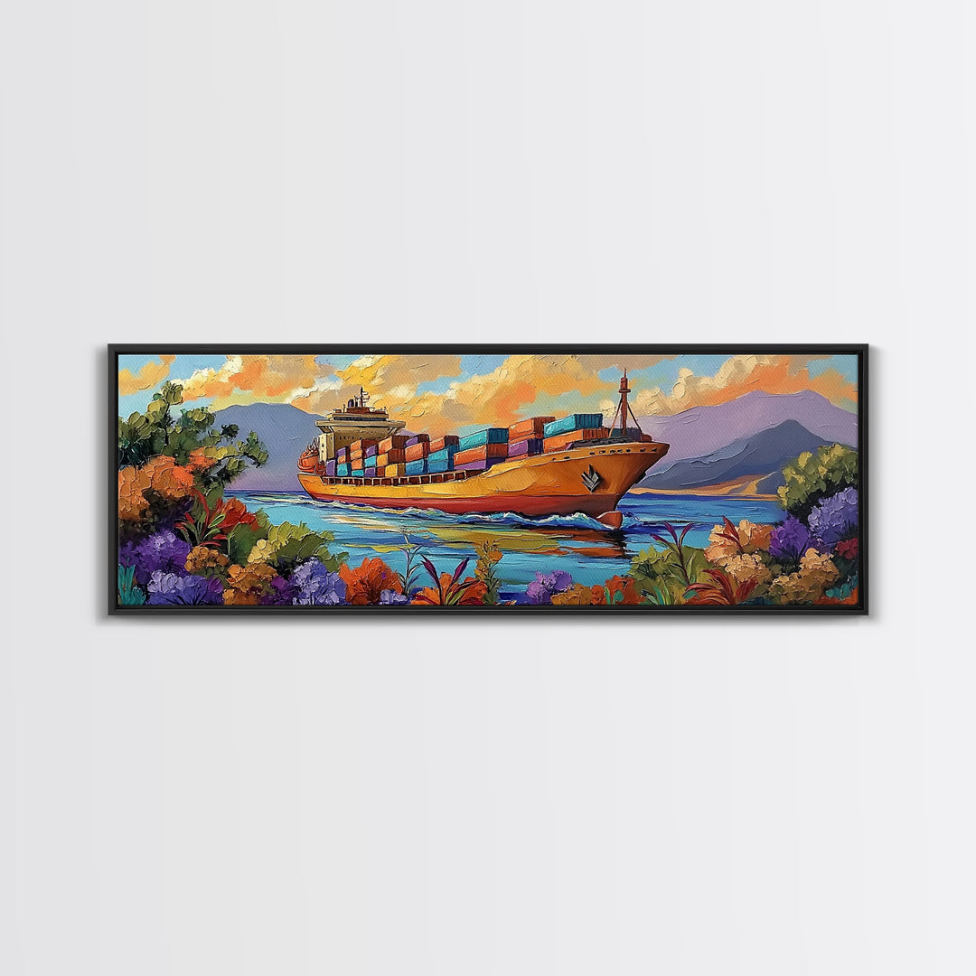 Coastal Cargo Ship, Vibrant Ocean Painting, Nautical Decor, Container Ship Art, Canvas Print, Modern Seascape, Office Wall Art, Boho Art