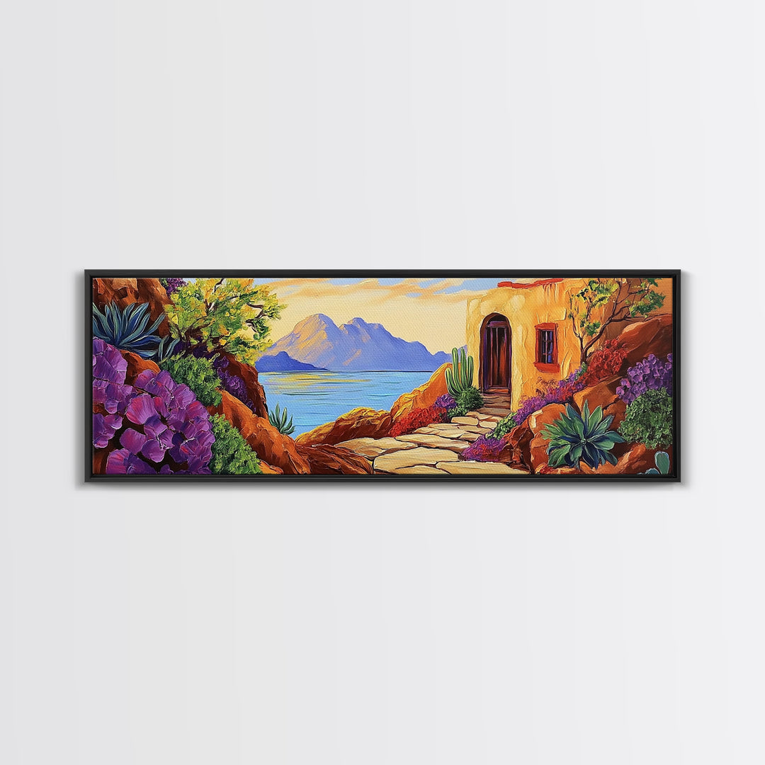 Adobe House View, Desert Coastal Path, Southwest Landscape, Mountain Ocean Art, Canvas Print, Kitchen Wall Art, Warm Boho Style