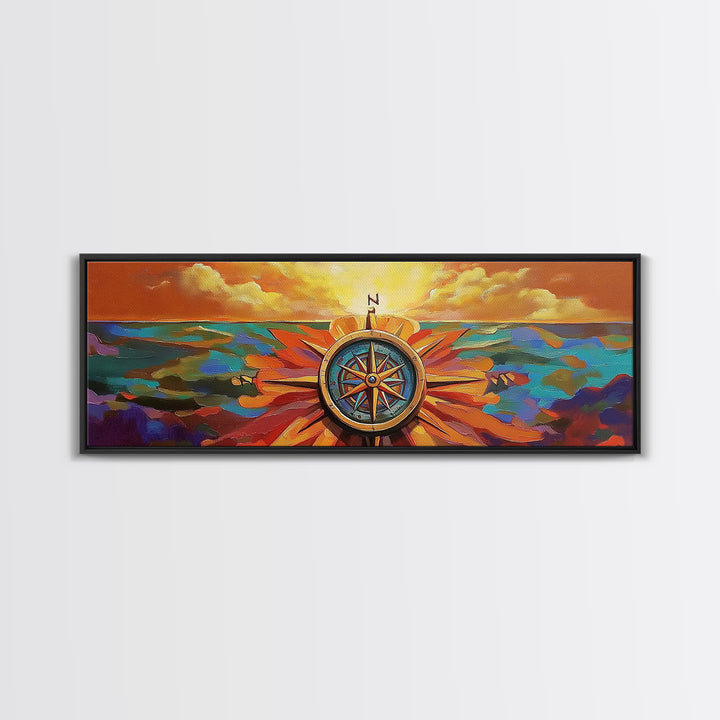 Compass Rose, Nautical Decor, Seafaring Art, Sunset Ocean, Framed Canvas Print, Beach House Art, Office Wall Art, Boho Travel Art