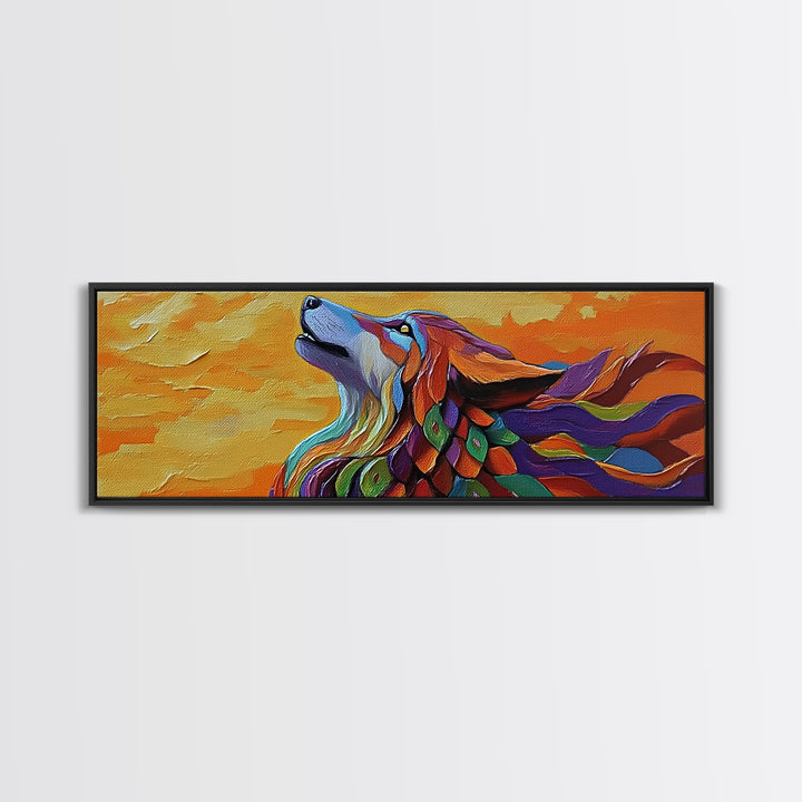 Colorful Wolf, Spirit Animal, Autumn Sky, Boho Vibes, Framed Canvas Print, Eclectic Wall Art, Bedroom Accent, Mystical Animal Painting