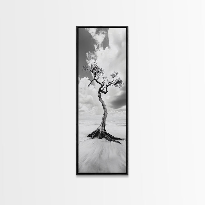 Solitary Tree, Beach Art, Surreal Landscape, Moody Wall Decor, Framed Canvas Print, Meditation Room Art, Monochrome Nature Style