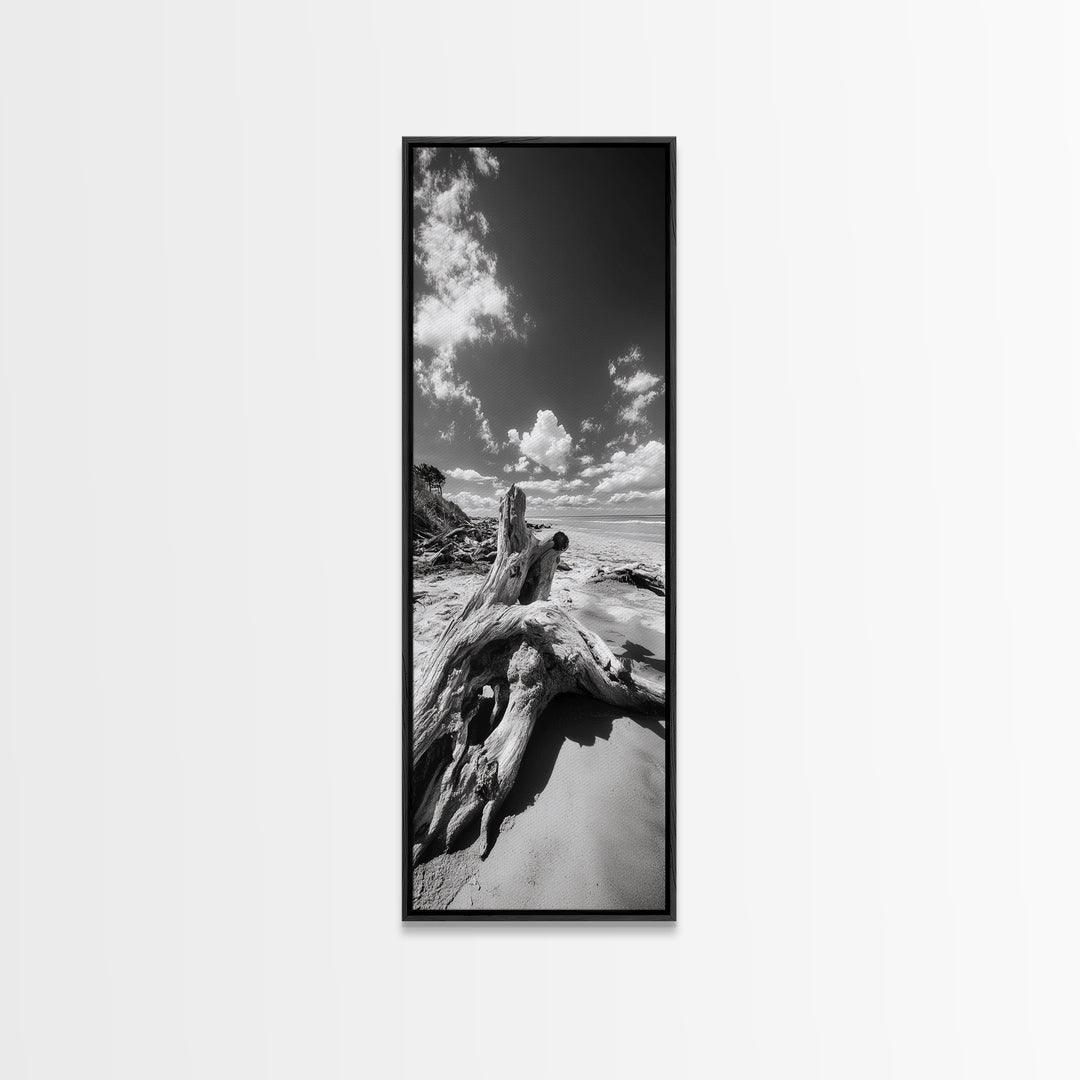 Coastal Driftwood, Sandy Beach, Ocean View, Rustic Style, Canvas Print, Fall Wall Art, Bathroom Decor, Nature Photography Art