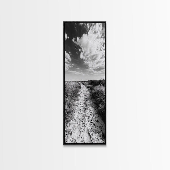 Sandy Trail, Beach Path, Cloudy Sky, Coastal Living, Framed Canvas Print, Relaxed Nature Vibe, Hallway Wall Art, Minimal Decor