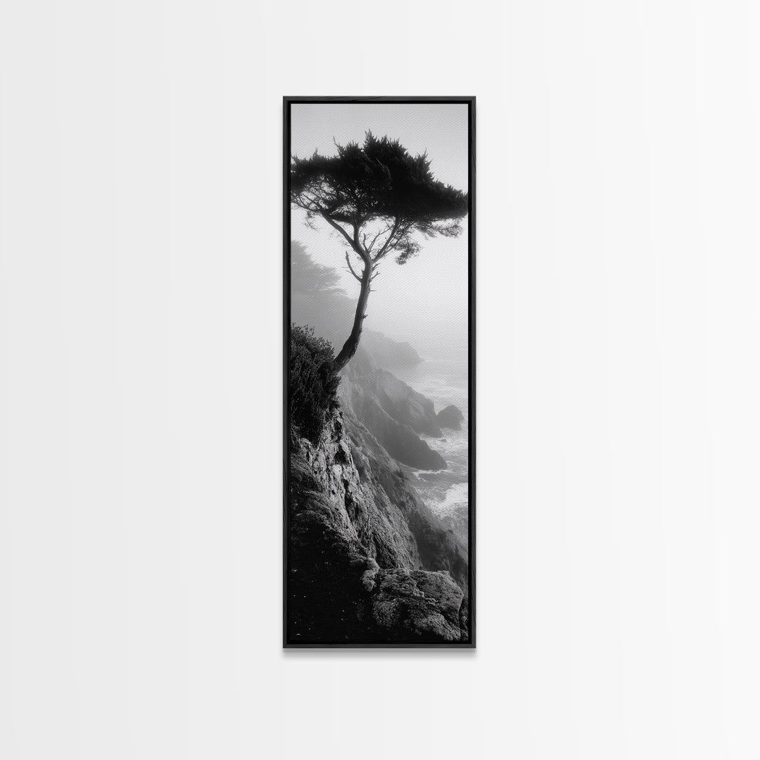 Coastal Tree, Cliff View, Ocean Mist, Moody Landscape, Canvas Print, Serene Bedroom Art, Monochrome Nature Photography Style