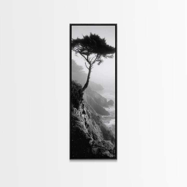 Coastal Tree, Cliff View, Ocean Mist, Moody Landscape, Canvas Print, Serene Bedroom Art, Monochrome Nature Photography Style