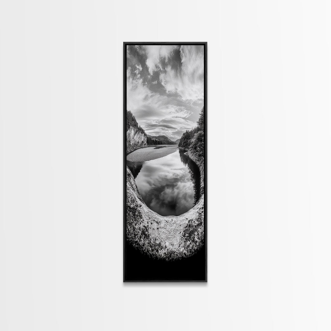 Black and White River, Forest Nature Scene, Reflection Wall Art, Framed Canvas Print, Neutral Landscape, Minimalist Bedroom Decor