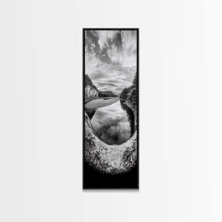 Black and White River, Forest Nature Scene, Reflection Wall Art, Framed Canvas Print, Neutral Landscape, Minimalist Bedroom Decor
