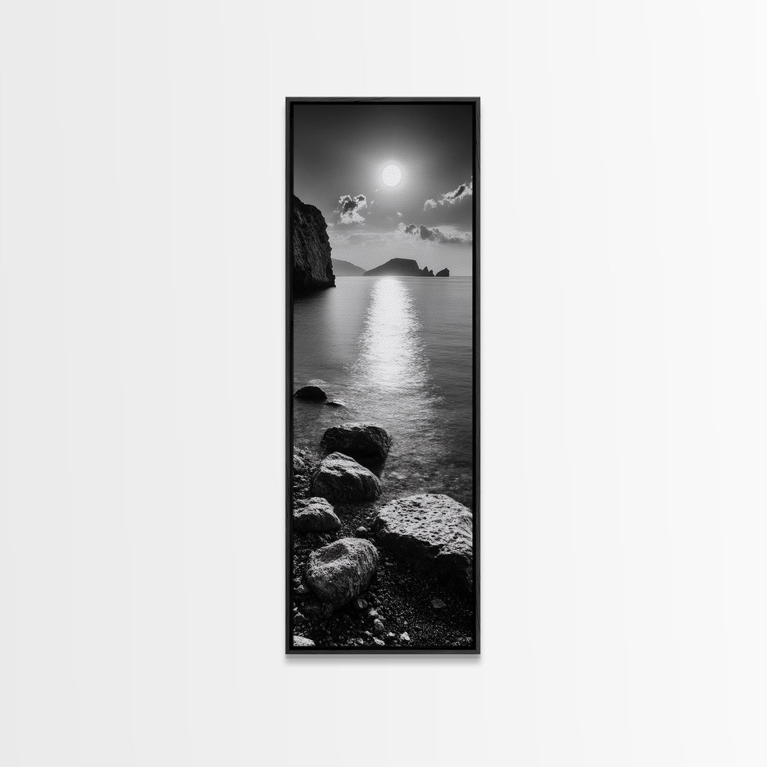Moonlight Ocean View, Coastal Photography Art, Seascape Print, Framed Canvas Print, Bathroom Wall Art, Neutral Beach Decor