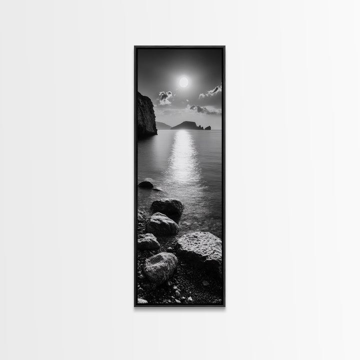 Moonlight Ocean View, Coastal Photography Art, Seascape Print, Framed Canvas Print, Bathroom Wall Art, Neutral Beach Decor