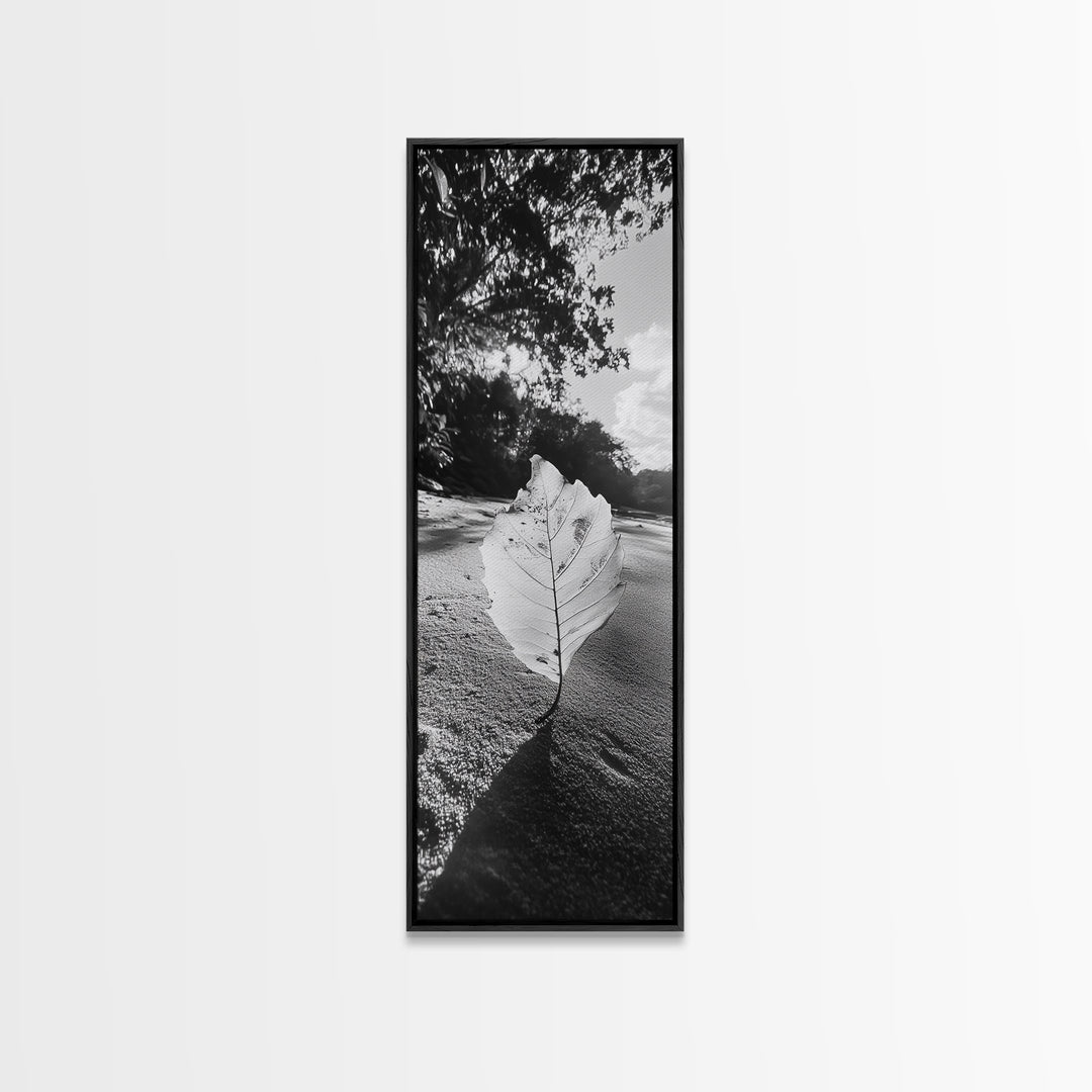 Autumn Leaf Beach, Fall Nature Scene, Minimal Wall Decor, Framed Canvas Print, Seasonal Bedroom Art, Black and White Photography