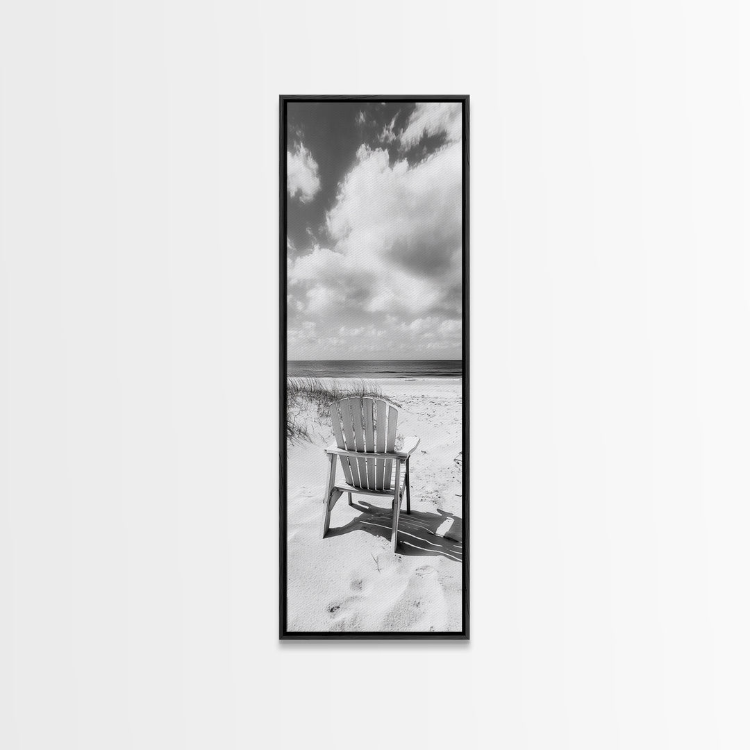 Ocean View Chair, Sandy Dunes, Seaside Retreat, Minimalist Beach, Calm Vibes, Framed Canvas Print, Bedroom Wall Art, Coastal Cottage Style