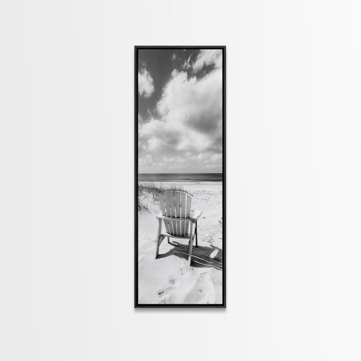 Ocean View Chair, Sandy Dunes, Seaside Retreat, Minimalist Beach, Calm Vibes, Framed Canvas Print, Bedroom Wall Art, Coastal Cottage Style
