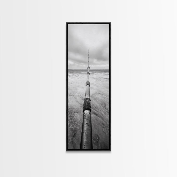 Pipeline Perspective, Industrial Seascape, Grunge Aesthetic, Framed Canvas Print, Coastal industrial art, Minimalist hallway decor, Monochrome print