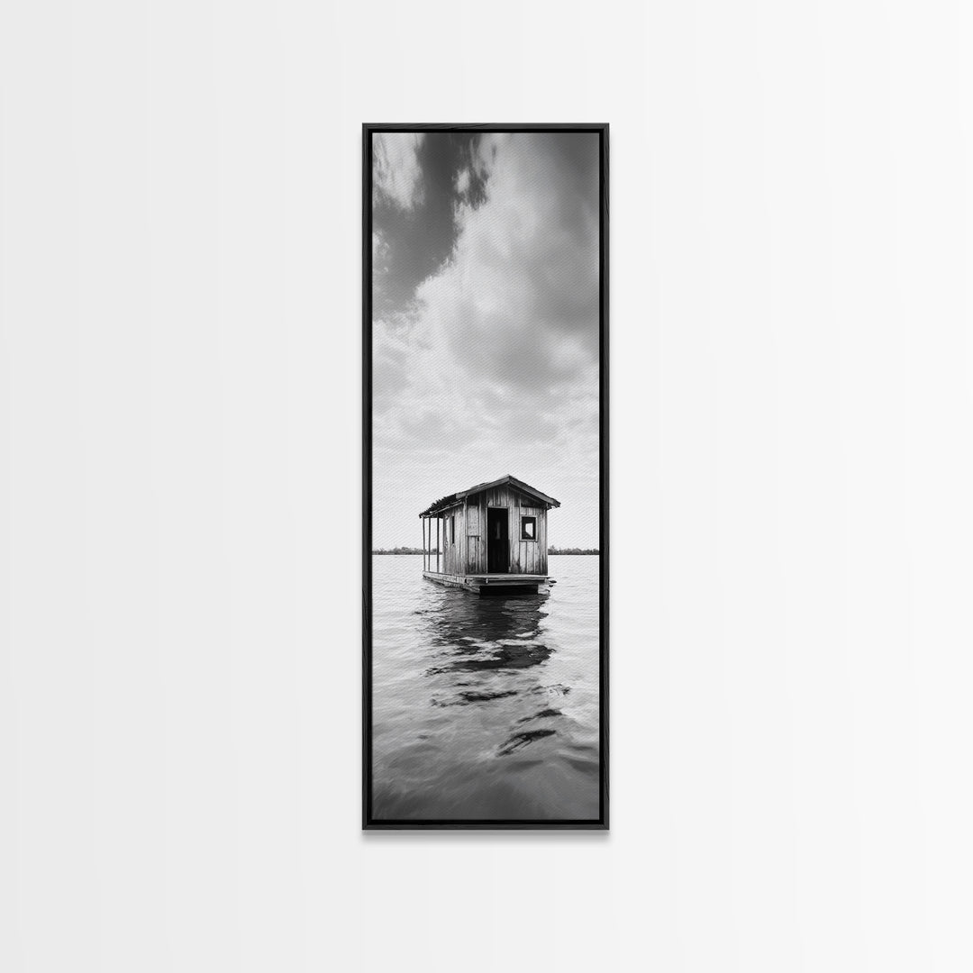 Floating Cabin, Water House, Tranquil Escape, Framed Canvas Print, Serene lake house wall art, Cabin decor, Nature minimalist bathroom print