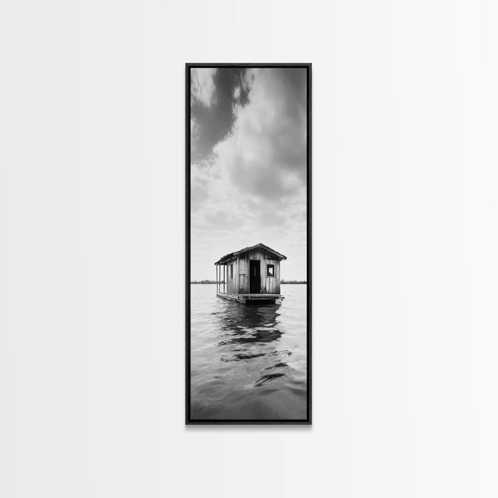 Floating Cabin, Water House, Tranquil Escape, Framed Canvas Print, Serene lake house wall art, Cabin decor, Nature minimalist bathroom print