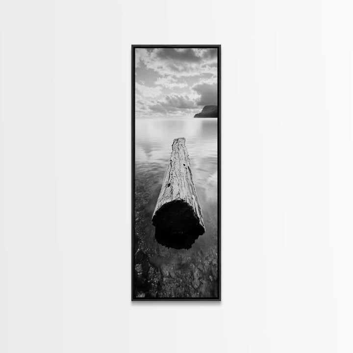 Driftwood Focus, Tranquil Waters, Lake Serenity, Canvas Print, Modern nature wall art, Neutral decor, Calm lakehouse bedroom piece