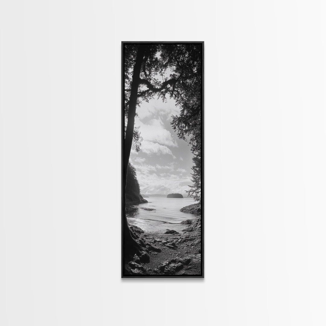 Island View, Forest Coastline, Secluded Shore, Tranquil Ocean Scene, Canvas Print, Boho Decor, Entryway Wall Art, Nature Wall Aesthetic
