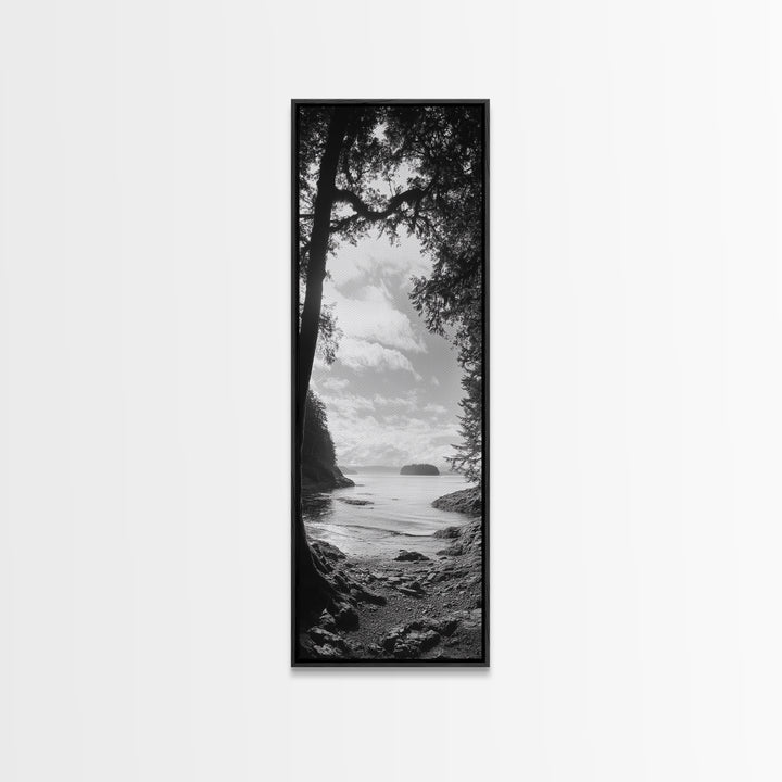 Island View, Forest Coastline, Secluded Shore, Tranquil Ocean Scene, Canvas Print, Boho Decor, Entryway Wall Art, Nature Wall Aesthetic