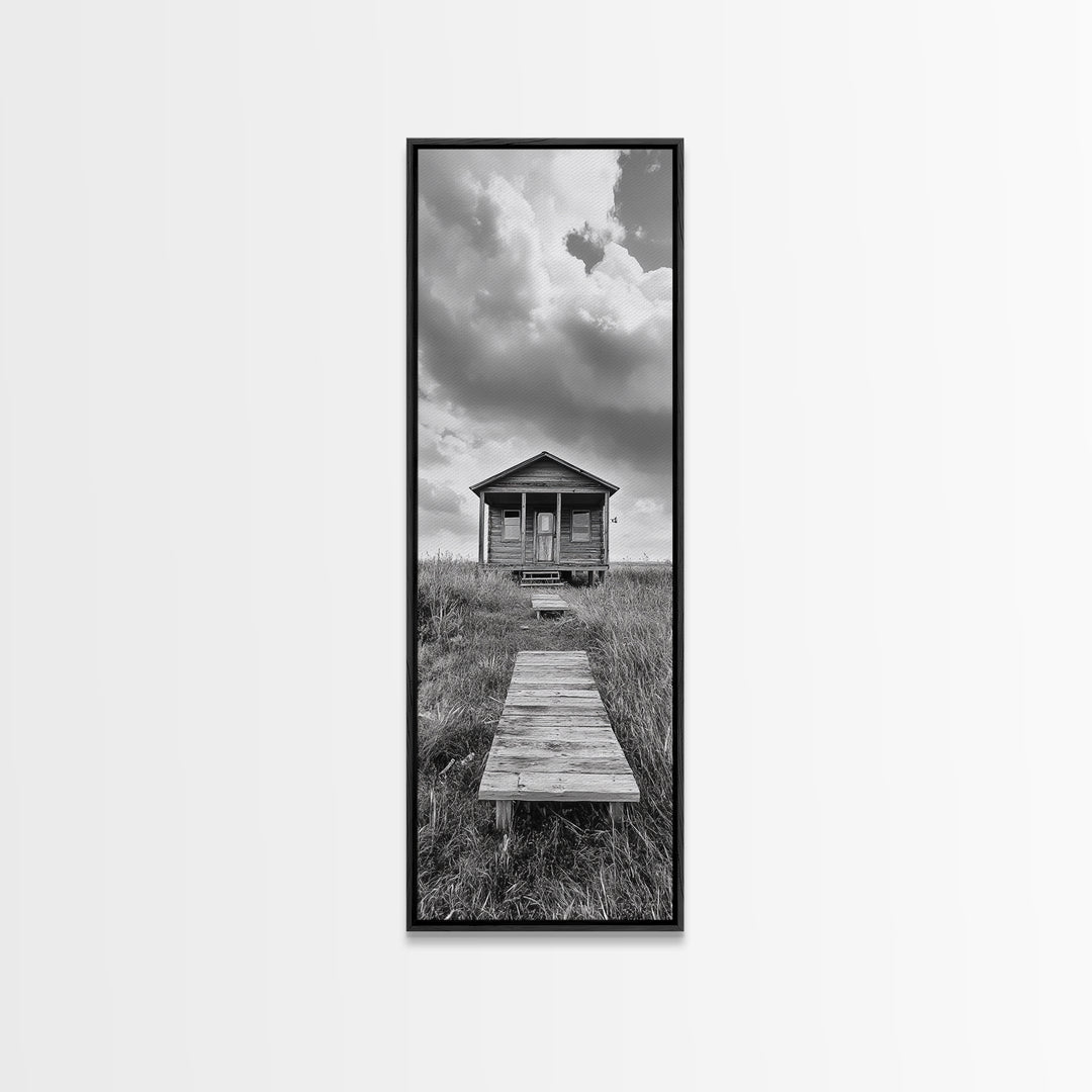 Rustic Cabin, Country Path, Prairie Landscape, Black and White Photo, Framed Canvas Print, Farmhouse Wall Art, Autumn Decor, Nature Style