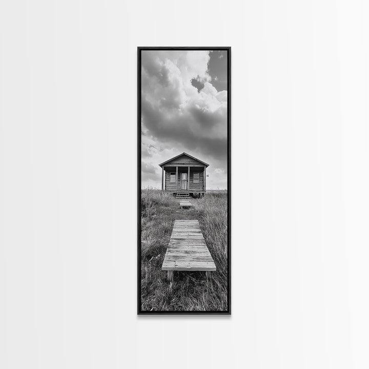 Rustic Cabin, Country Path, Prairie Landscape, Black and White Photo, Framed Canvas Print, Farmhouse Wall Art, Autumn Decor, Nature Style