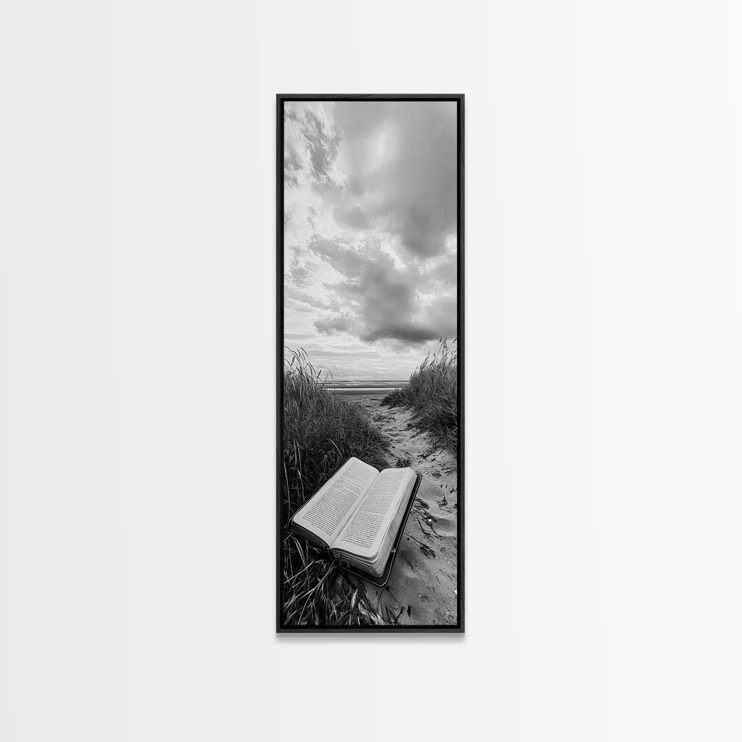 Bible on Beach, Spiritual Escape, Coastal Tranquility, Nature Meditation, Canvas Print, Faith Wall Art, Office Decor, Minimalist Art