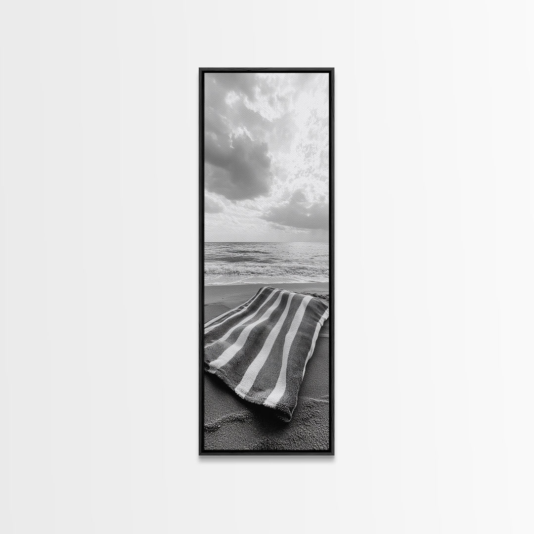 Beach Towel View, Ocean Breeze, Seaside Calm, Striped Blanket, Relaxation Mood, Framed Canvas Print, Bathroom Wall Art, Minimalist Coastal Art